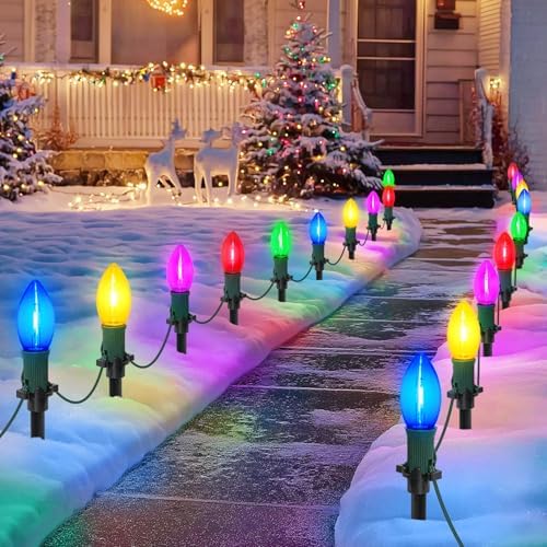 45Ft C9 Led Christmas Pathway Lights Outdoor, 30 Multicolor Bulbs Waterproof Connectable Christmas Walkway Lights for Driveway, Yard, Lawn, Sidewalk Decorations by USOKYO