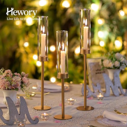 Hewory Gold Candlestick Holders: 3PCS Glass Hurricane with Tall Brass Base - Image 3