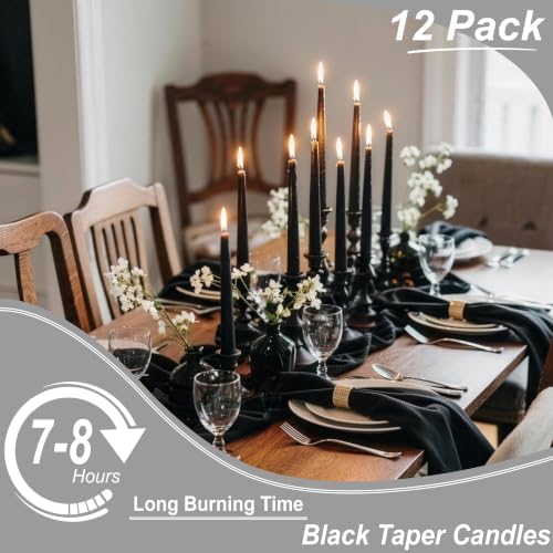 Black Taper Candles - 12 Pack 10 Inch Black Candlesticks Dripless Unscented Wax Long Burning Tall Tapered Candles Smokeless for Halloween Gothic Decor Spells Rituals Home Party - Image 4