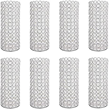 LoveCat Silver Crystal Candle Holders - Hollow Bling Crystal Vases, 10.4" Tall Cylinder Vases for Centerpieces, Elegant Metal Hurricane Candlestick Holders for Event Party Wedding Home Decor (8pcs) by Lovecat