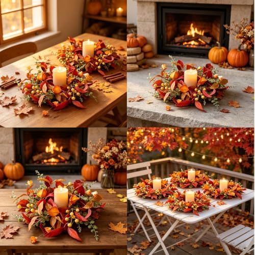 6 PCS Fall Candle Ring Wreaths Artificial Autumn Candle Holder Wreath - Image 7