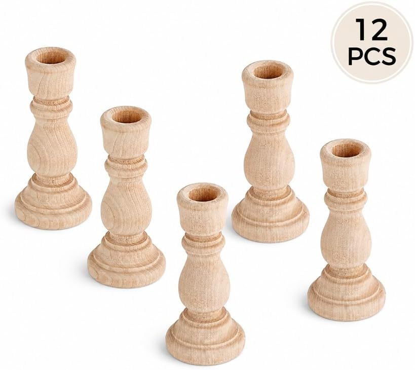12 Unfinished Wood Candle Sticks – Natural Wooden DIY Holders - Image 5
