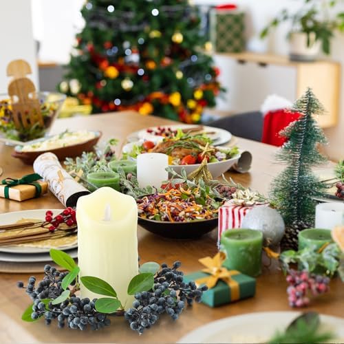 Daifunli 2 Pcs Christmas Candle Rings Blueberry Wreaths for Pillar 3.9 Inch Simulated Blueberries Candles Holder for Winter Christmas Xmas Wedding Home Rustic Table Centerpiece Decor - Image 3