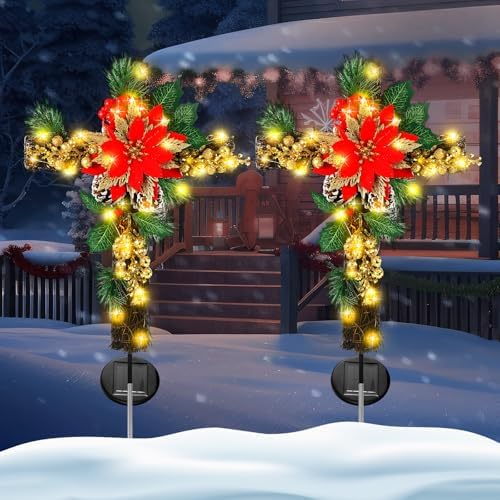 Ganeen 2 Pcs Outdoor Cemetery Christmas Poinsettia Solar Stake Lights Decor by Ganeen