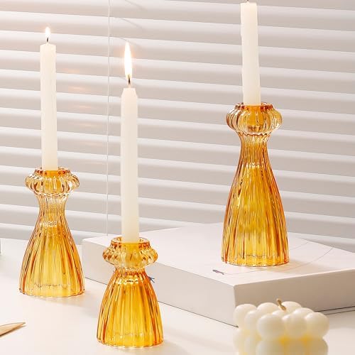 Lysenn Glass Candlestick Holders, Taper Candle Holders Set of 3, Amber - Image 4