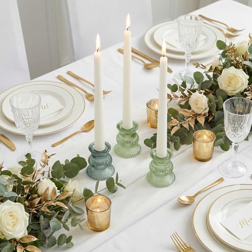 Green Glass Candle Holders 12 Pcs, Ribbed Taper Candle Holders Bulk, Vintage Candlestick Holders for Sage Green Wedding Centerpieces, Christmas Table Decor, Party & Easter Home Decor - Image 3