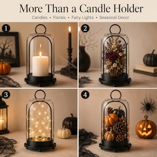 Hurricane Glass Candle Holders in Antique Brass, 5" & 4" Wide Gold Vintage Metal Candlesticks Holders for Pillar Candle Lantern with Handmade Thick Glass Dome, Industrial, Modern Home Decor (Black) - Image 6