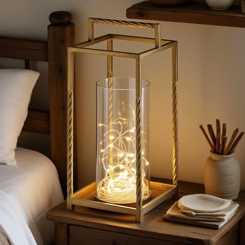 16" Modern Metal Lantern with Twisted Rope-Style Frame in Antique Brass with Glass Hurricane for Pillars, String Light. Centerpiece, Mantel, Ambient Lighting, Farmhouse, Transitional, Patio, Entryway - Image 4