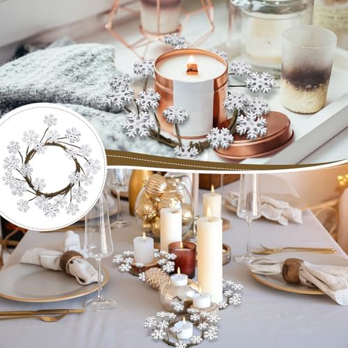 Daifunli 2 Pcs Winter Candle Rings Snowflake Wreath Glitter Vintage Wood Wreaths for Pillar 3.9 Inch Frosty Candles Holder for Winter Christmas Xmas Wedding Home Rustic Table Centerpiece Decor - Image 4