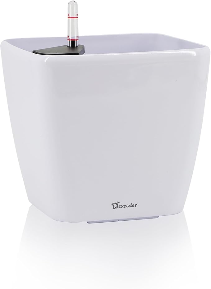 Dexceder 11x10 Self Watering Planter (White High Gloss) | Inner Mat Design, Thickened Table Flower Plant Pot with Water Level Indicator Indoor Outdoor