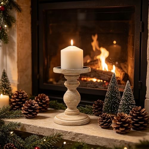 Hosley Antique White Wooden Pillar Candle Holder 7 Inch High - Rustic Country Farmhouse Decor, Wedding Centerpiece, Home Accent Gift - Image 2