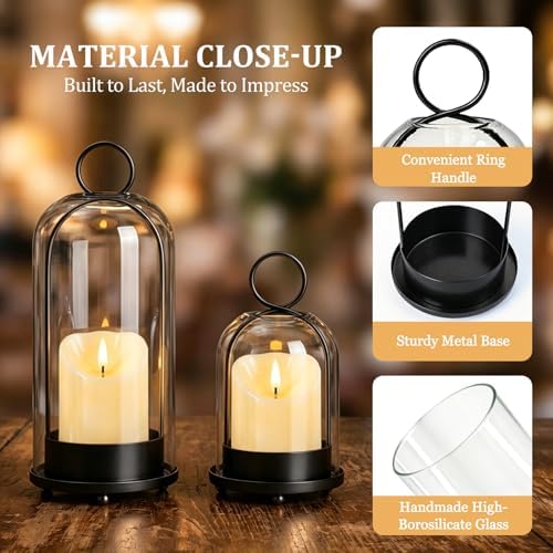Brass Hurricane Handmade Sturdy Glass Dome Candle Holders with Glass Cover, Set of 2 Flameless Battery Operated LED Pillar Candles and Remote, Elegant Cloche Lantern for Modern Table Centerpiece - Image 5