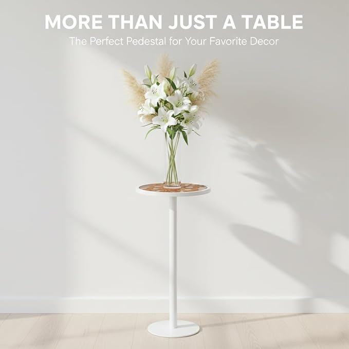 White Drink Table with Amber Tempered Glass Top, Indoor Outdoor Small Round Side Table, 24.7" Metal Pedestal End Table for Living Room, Patio, Sunroom, Boho Mid-Century Modern Decor, Cream