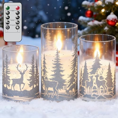 Christmas Deer LED Glass Flameless Candles Battery Operated Remote Timer by KunSwennLife