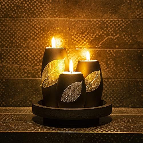 IYARA CRAFT Candle Holder Set with Tray – 3 Handmade Wood Tealight Holders, Black Leaf Design, Winter Home Décor, Spa-Inspired Holiday Centerpiece & Elegant for Women, Mom, Housewarming - Image 6
