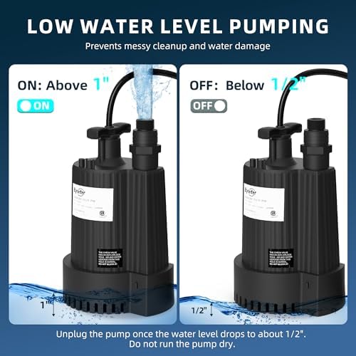 1/6 HP Submersible Water Pump, 1500 GPH, 26 FT Lift, Auto Start/Stop | IP68 Nylon Utility Pump Starts Above 1 In And Stops Below 1/2 In, 1 In Npt Adapter Fits 3/4 In And 1-1/4 In Hoses, 10 Ft Cord