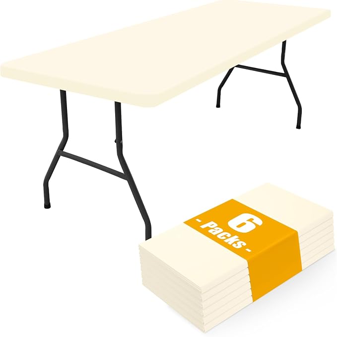 Smiry 6 Pack Rectangle Picnic Table Cloth, Waterproof Elastic Fitted Tablecloths, Washable Polyester Rectangular Patio Table Cover for Camping, Indoor and Outdoor (Beige, 30"x96")