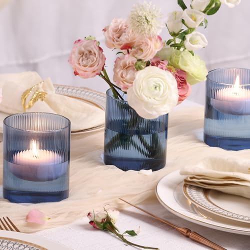 Glass Ribbed Cylinder Vase Set of 6,Bud Vase for Wedding Centerpieces,Clear Ribbed Glass Flower Vases Bulk,Hurricane Floating Candle Holder 4 Inch,Decorative Vases for Home Decor(Blue) - Image 4