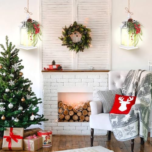 Metal Christmas Vintage Candle Lanterns with Remote Control and Led Light, Plaid Ribbon Decorative Hanging Lantern for Indoor Outdoor Porch Decorations Party Gift, White, WOKEISE - Image 2