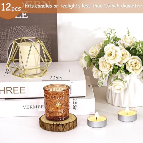 12 Pcs Amber Glass Votive Candle Holders, Tealight Candle Holders for Table Centerpieces, Vintage Candle Holder Bulk, Boho Wedding, Home, Bridal Shower, Birthday Party Table Decor (Amber) - Image 2