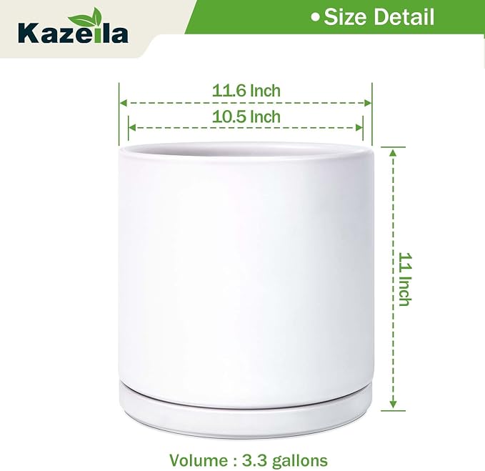 Kazeila 12 Inch Ceramic Planter Pot with Drainage Hole & Tray, Large Indoor Plant Pots, Modern Cylinder Flower Pot, Includes Mesh Net, Plug, Pads & 500g Clay Pebbles (White, 12 Inch)