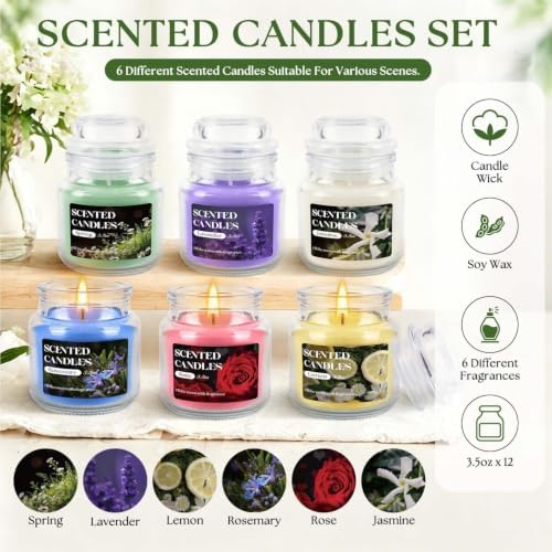 12 Pack Scented Candles Set - 3.5oz Soy Wax Aromatherapy Candles with 6 Fragrances, Long Burning Glass Jar Candles for Home Bedroom Kitchen Bathroom Dining, Gift Set for Women Men - Image 4