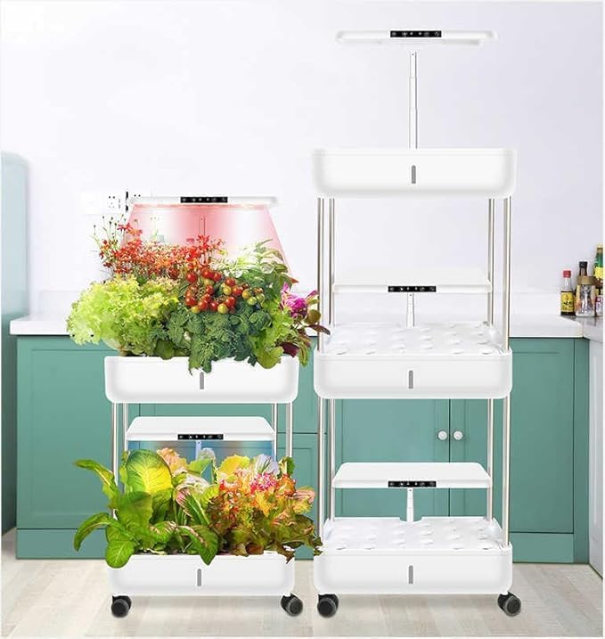 Indoor Hydroponic Garden System, 3-Tier Mobile Growing Cart with LED Lights, Adjustable Shelves, Black (2 Tiers_White)