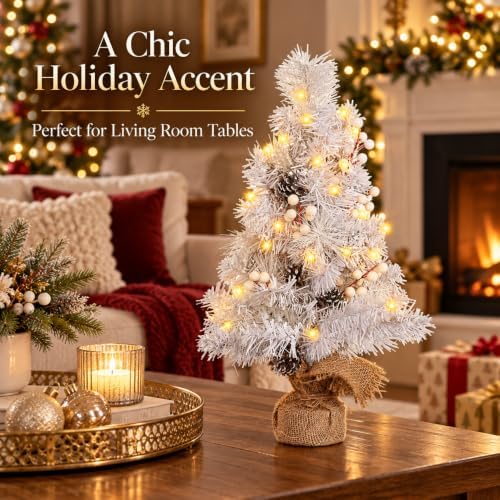 MEETYAMOR 2 FT Mini Christmas Tree, 24" Prelit White Small Artificial Tabletop Christmas Trees Decor with Lights Timer, Outdoor Indoor Porch Table Centerpieces Xmas Christmas Decorations - Image 2