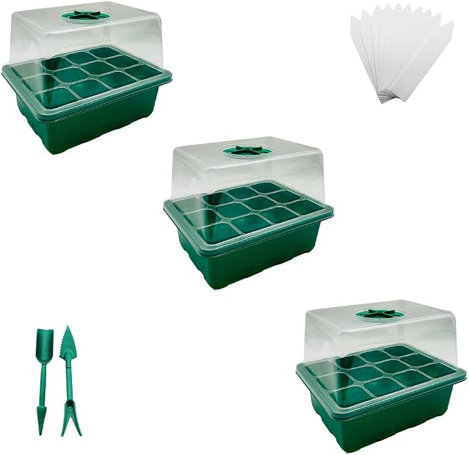 Seed Starter Tray Kit, 3-Pack Plant Growing Trays with Humidity Dome and Base, Labels and Hand Tool Kit for Seed Starting, Germination and Seedling Propagation (12 Cells per Tray)