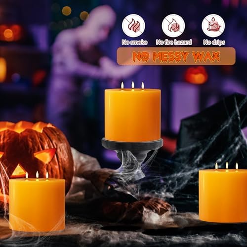 Orange Extra Large Flameless Candles, 6"x6" Battery Operated Candles with Remote, Real Wax Flickering LED Candles with 3 Wicks for Fall, Thanksgiving, Harvest, Halloween Decor - Image 4