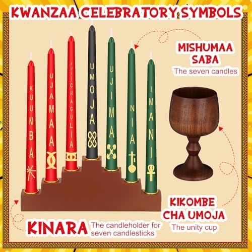 Ziliny 7 Pcs Kwanzaa Kinara Taper Candles Set with Kinara Candle Holder and Hand Made Jujube Wooden Unity Cup for Kwanzaa Festival Celebration Church Ceremony Decor - Image 3