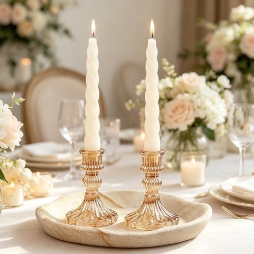 2 Pack Glass Taper Candlestick Holders, Gold Candlestick Holders, 4" H Stripe Crystal Candle Holders Decorative Candle Stand Centerpiece for Wedding, Festival, Dinning Party Table Decor by AUMAYCO