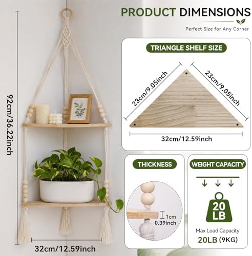 Artilady Macrame Wall Hanging Corner Shelf, Adjust Boho Storage Wall Decor - Image 2