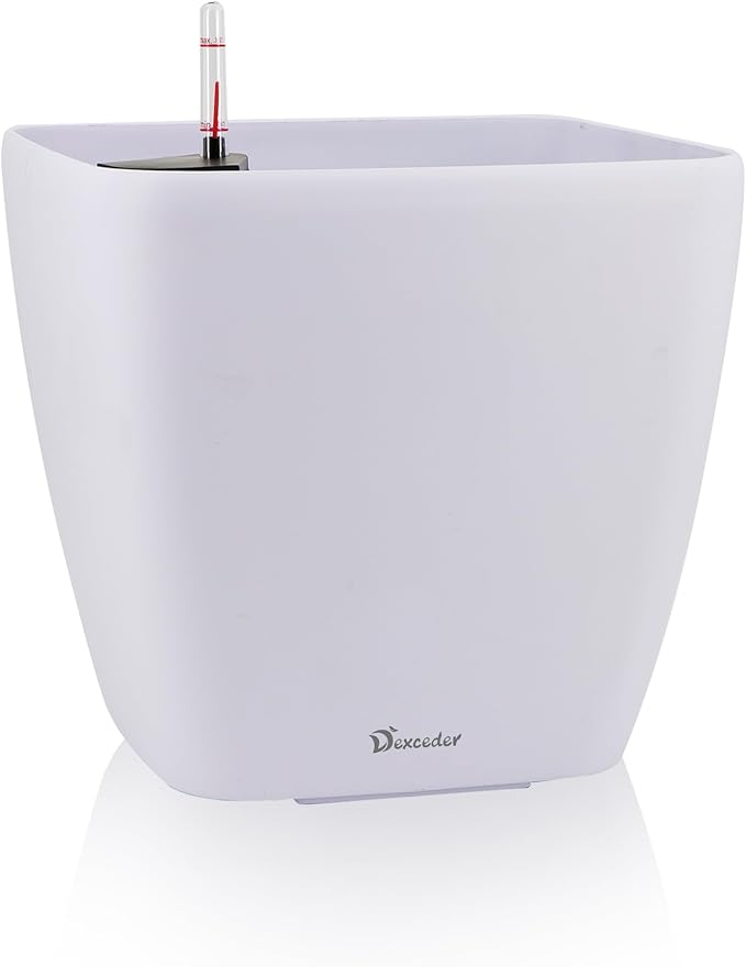 Dexceder 15x14 Self Watering Planter with Wheels (White Matte) | Inner Mat Design, Thickened Large Floor Standing Flower Plant Pot with Water Level Indicator Indoor Outdoor