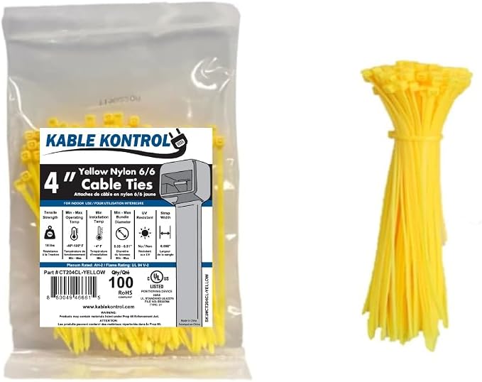 Kable Kontrol Yellow Zip Ties 4 Inch 100 Pcs, 18 Lbs Tensile Strength, Self-locking Nylon Colored Cable Ties Wire Wraps for Indoor or Outdoor Use