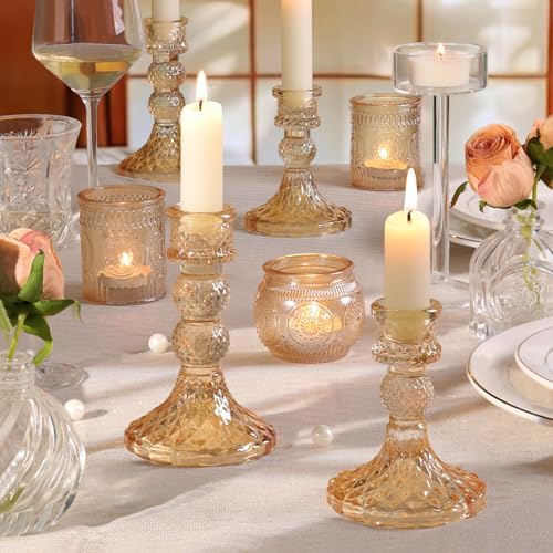 DARJEN Gold Glass Candlestick Holders Set of 6, 4" H & 5" H Taper Candle Holders for Candlesticks & Pillar Candles, Diamond Candle Holders for Wedding Party Table Centerpiece, Home Decor - Image 4