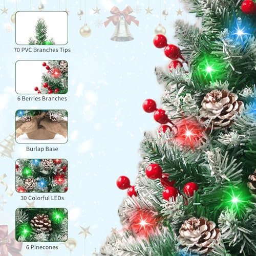 Pre-lit Mini Christmas Tree 20 Inch Small Tabletop Xmas Tree with 30 LED String Lights Locking Snow Frost Tips Berries Wood Base Ornaments Tabletop Artificial Pine Tree for Christmas Decoration - Image 2