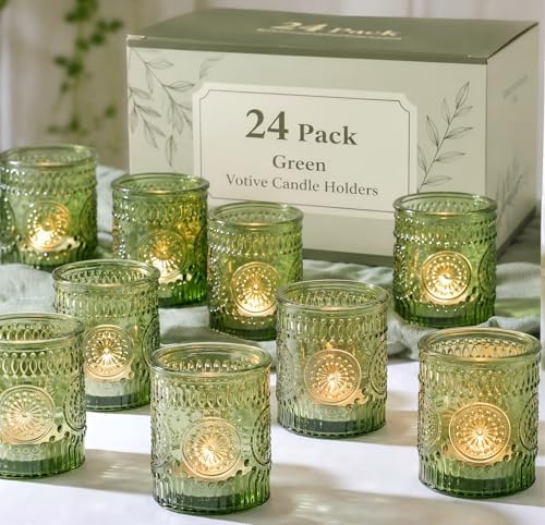 DEVI 24pcs Green Votive Candle Holders for Wedding, Glass Tea Lights Candle Holder, Green Baby Shower St. Patrick's Day Table Decor, Vintage Depression Glass Candle Holders for Table Centerpiece by DEVI