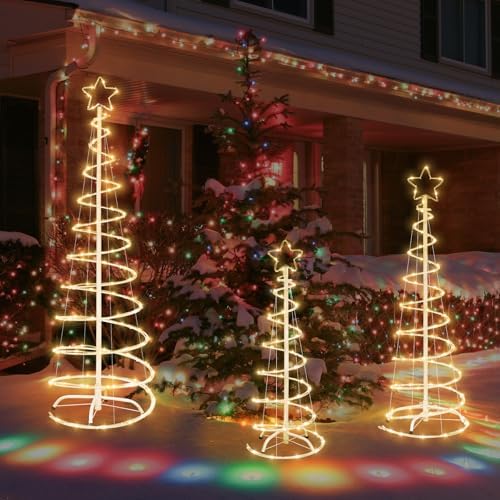 3 Packs Christmas Spiral Tree with Lights, 3/4/5 FT Lighted Xmas Collapsible Tree with Metal Stakes for Indoor & Outdoor, Yard, Porch, Garden Holiday Decor (Warm White, 3-4-5 FT) - Image 7