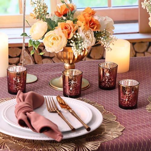 Volens Burgundy and Gold Party Decorations 12pcs Glass Votive Candle Holder - Image 3