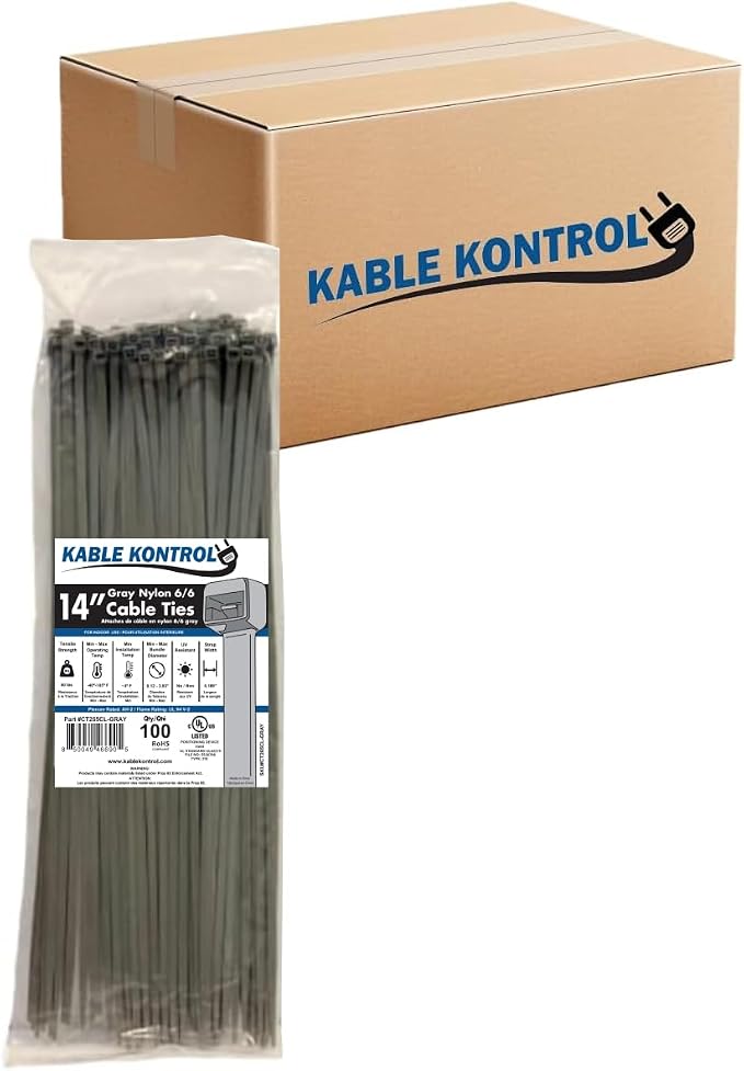 Kable Kontrol Gray Zip Ties 14 Inch 6,000 Pcs, 50 Lbs Tensile Strength, Bulk Pack, Self-locking Nylon Colored Cable Ties Wire Wraps for Indoor or Outdoor Use
