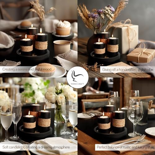 IYARA CRAFT Candleholder Set with Tray, Set of 3 Rustic Black Wooden Tealight Candle Holders with Natural Rope Accent, Coffee Table Centerpiece, Farmhouse Home Decor, Housewarming - Image 4