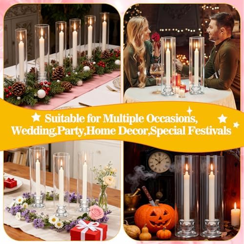 6 Set Hurricane Glass Candlestick Holders 12.6" Two Side Open Glass Candle Holders and 2.2" Taper Candlesticks Holder Bulk for Table Centerpiece Wedding Christmas Home Decor - Image 7