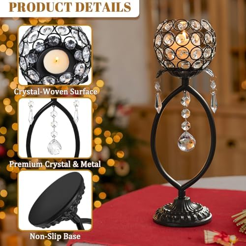 2 Pcs Elegant Metal Crystal Tea Light Candle Holders with Crystal Pendants, Hollow Design - Wedding Table Centerpieces for Anniversary Birthday Party, Home Decor (2, Black) - Image 3
