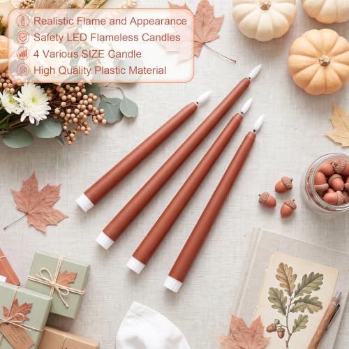 Rossesay 24 Pcs Flameless LED Taper Candles Battery Operated Candle Flameless Candlesticks Flickering for Christmas Church Wedding Indoor Decoration (Classic,8.5",9.65",10.8",12.8",Brown) - Image 6