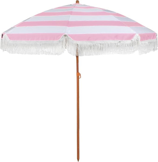 6 Ft Fringe Patio Umbrella - Outdoor Umbrella for Patio, Pool, Table, Garden, Deck, Beach, and Outdoors - Fashionable Boho Vintage Tassels & Wood Print - Push Button Tilt Pole