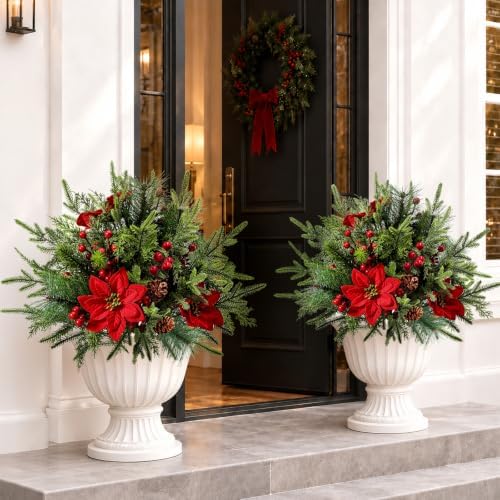 2 Pack Artificial Poinsettia Flowers with Pinecones for Christmas Decor by ComRola