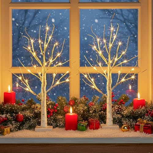 EAMBRITE Christmas Decorations Indoor Lighted Birch Tree Home Decor, 2Pack 24 LED Light Up Tabletop Mini Small Artificial White Trees Lamp with Lights Battery Operated/USB for Winter Table Mantel 2FT - Image 6