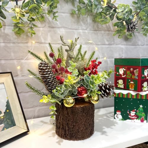 10 Inch Mini Artificial Christmas Tree, Christmas Tabletop Tree with DIY Wire Lights, Reindeer, Pine Cones, Red Berries and Ornaments, Small Christmas Tree for Table Desk Office Holiday Decor - Image 5