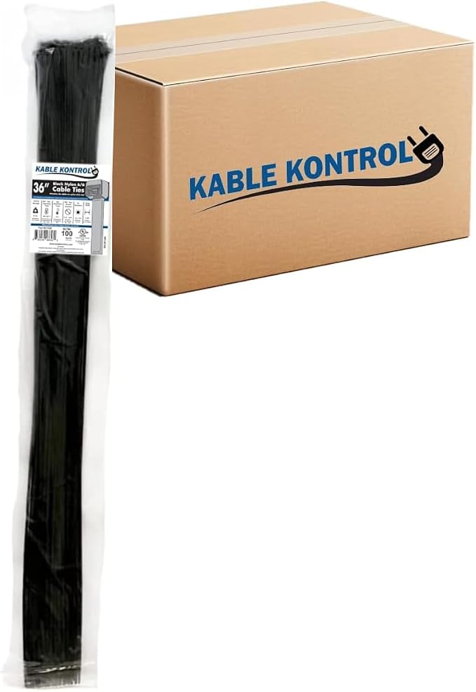 Kable Kontrol Cable Zip Ties Black 1,000 Pcs 36 Inch, 50 Lbs Tensile Strength, Bulk Pack, Self-locking UV Resistant Plastic Nylon Wire Ties, for Indoor or Outdoor Use